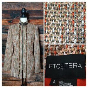 Etcetera Coat Jacket Size 8 Unique Woven Tweed Fringe Full Zip Pockets Lined